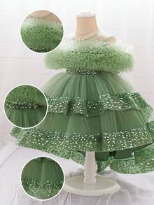 女婴亮片薄纱可爱花童婚礼拖尾礼服，适合派对、生日、外出等场合，不含头饰 - 綠色 - 查看 5