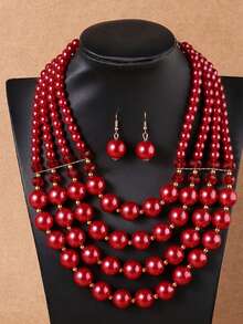 Överdrivet flerskiktat hänge handgjort pärlhalsband med fuskpärlor, retro boho-stil avslappnad tröjkedja, örhängen