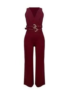 Solid Color Sleeveless V-Neck Cropped Top Paired With Slim Fit Pants, Decorated With Metal Ring Pattern. Fashionable 2-Piece Set, Essential For Women, Perfect For Birthday Parties And Weddings. Spring Party - Burgundy - View 4