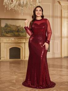 XUIBOL Plus Size Women's Elegant Long Formal Dress In Burgundy, With Sequin Embroidery Details And Regular Sleeves - Burgundy - View 5