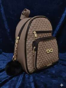Women's Small Casual Backpack With Pockets + Pompom Keychain. Immediate Delivery. - Nude - View 3