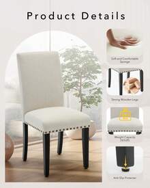 Sillas de comedor Parsons, juego de 2: sillas laterales tapizadas de tela con ribete clásico de tachuelas y patas de madera resistentes, para comedor, cocina, sala de estar y restaurante. - Beis - Ver 5