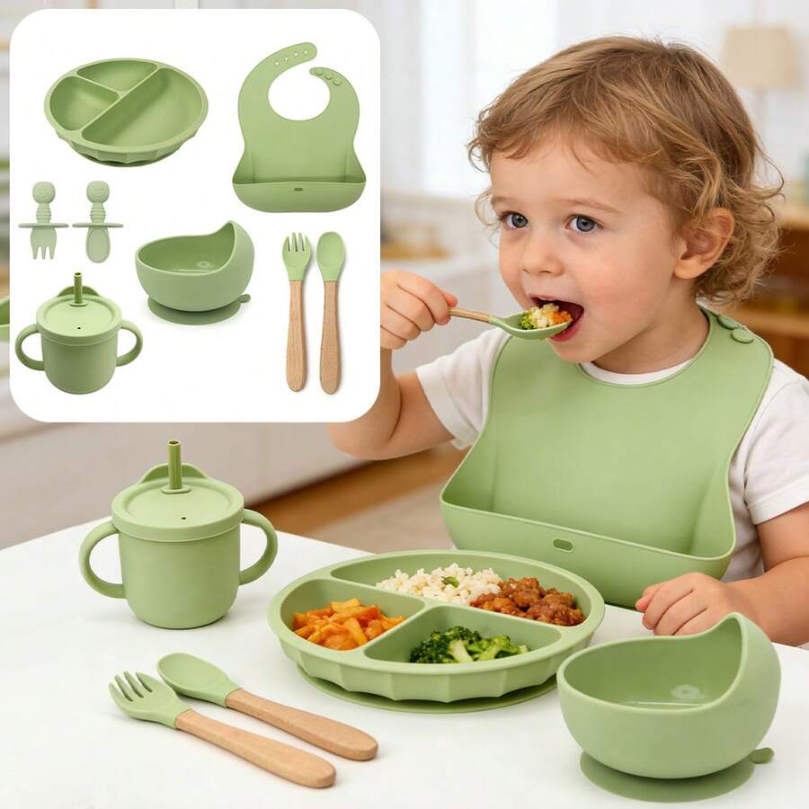 8pcs/6pcs/5pcs Baby Feeding Utensil Set, Silicone Tableware, Bib, Plate, Bowl, Fork & Spoon, Straw Cup - Multicolor - View 1