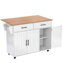 129x46(71)X91.5cm Dining Table Trolley/Sideboard With Folding Tabletop, Internal Shelves In The Cabinet Doors, Kitchen Island On 5 Wheels With Storage Cabinets And 2 Drawers, For The Dining Room, White - 白色 - 查看 6