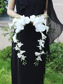 1pc Bohemian Style Elegant Simple & Generous Orchid Waterfall Bridal Bouquet, Engagement Registration Photography Handheld Flower Bouquet, Suitable For Wedding And Studio Photography