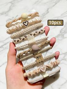 10pcs Heart Shaped Scrunchies, Casual Ponytail Holders, Elastic Hair Bands, Hair Ties, Hair Accessories
