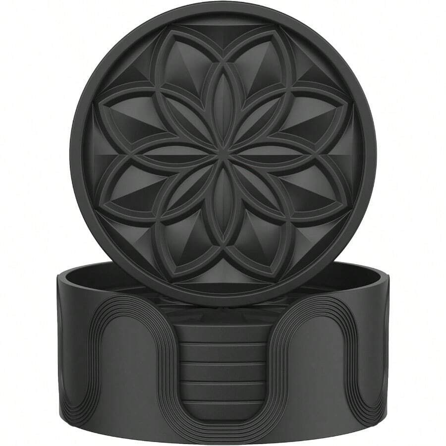 HFHOME Juego de posavasos de silicona con soporte paquete de 6 posavasos para mesa de centro bar computadora regalo de protección de mesa color negro - negropuro - Ver 1