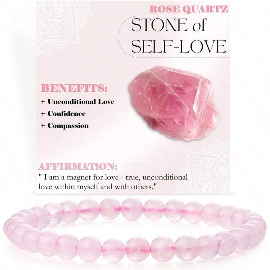 1PCS   6mm Natural Stone Obsidian Amazonite Bead Bracelet With Elastic Cord And Card - Pink Quartz - 查看 1