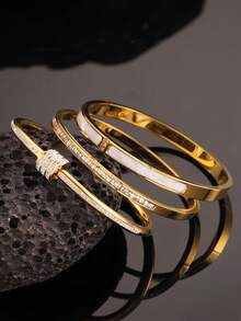 3件套奢华时尚不锈钢贝壳手链套装，适合男女日常佩戴、聚会、派对、婚礼、情人节、圣诞节、生日礼物等场合。 - 銀色 - 查看 4