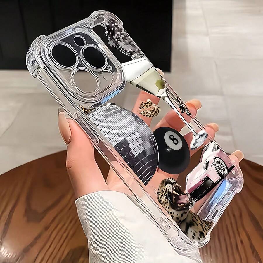 1个豹纹、嘴唇、8号球、酒杯、赛车图案防震透明保护壳，兼容 16 Pro Max、17/16/15/14 Plus、13/12/11、Air - 彩色 - 查看 1