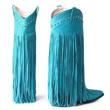 Women Fringe Mid Calf Boots Cowboy Pointed Toe Pull On Chunky Heels Cowgirl Dress Party Wedding Daily Work Tassel Western Boots - Màu xanh lam - Xem 6