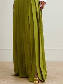 Magic Mia Women's Olive Green Belted Blazer & Pleated Maxi Skirt Set - Tie-Waist Design & Embroidered Cuff Detail | Elegant High-End Style For Luxury Dinners, Fashion Gatherings & Sophisticated Events For Refined Glamorous Looks - 綠色 - 查看 6