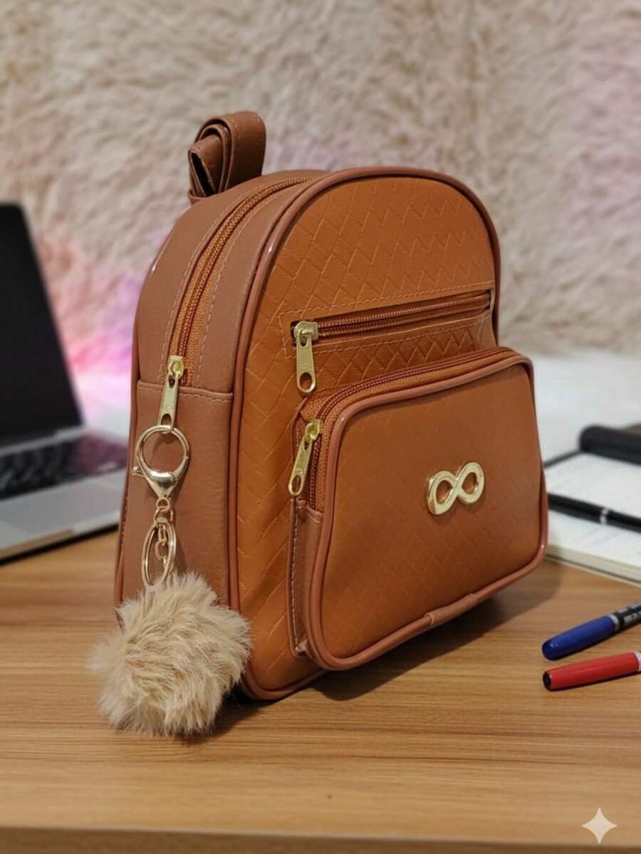 Women's Small Casual Backpack With Pockets + Pompom Keychain. Immediate Delivery. - Karat - View 1