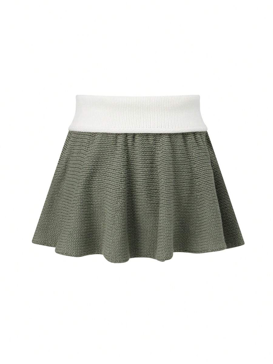 Women's Ruffle Knitted Skirt Fashionable Solid Color/Contrast Color High Waisted Mini Skirts - Green - View 1