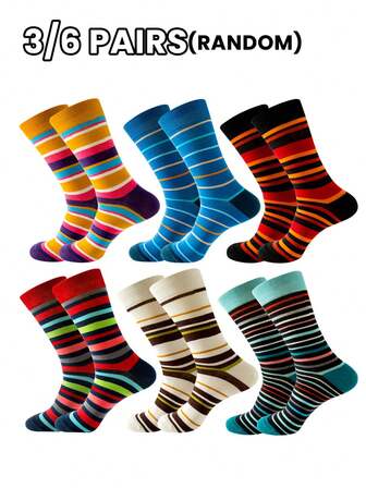 3/6 par herrstrumpor, flerfärgade slumpmässiga ränder, mångsidiga för alla årstider, trendig avslappnad sportig gatustil, mjuka och bekväma fukttransporterande strumpor till mitten av vaden