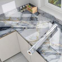 1 Roll Self-Adhesive Waterproof Wallpaper, Shiny Gold & Blue Marble Pattern, Oil-Resistant Kitchen Backsplash Sticker, Bathroom Decor, Suitable For Cabinets, Countertops And Walls, Easy To Cut And Apply, Home Decor Wallpaper - Multicolor - View 12