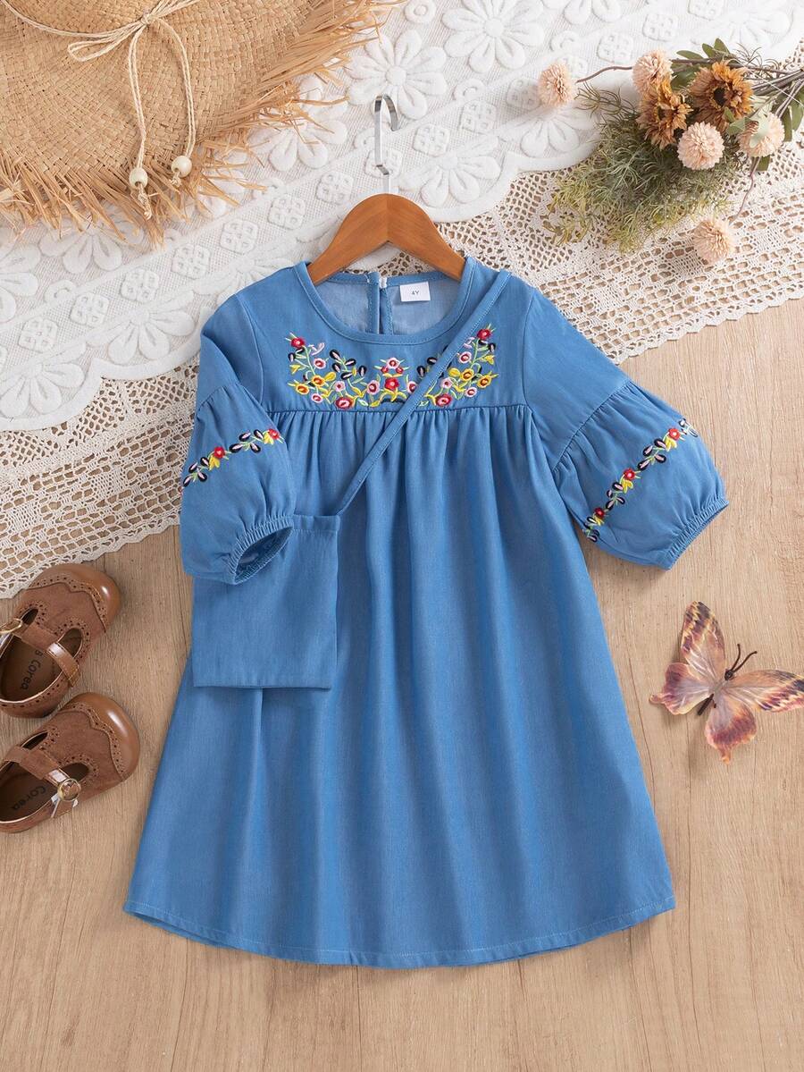 Young Girl Summer Girls Elegant Embroidered Denim-Look Lantern Sleeve Dress With Crossbody Bag Set - Blue - View 1