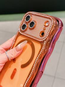 Luxury Glitter Rhinestone Lens Wave Edge Magnetic Phone Case Compatible With IPhone 17 Pro Max 17 Pro 17 16 Pro Max 16 Pro 16 15 Pro Max 15 Pro 15 14 Pro Max 14 Pro 14 13 Pro Max Stylish Electroplating Clear Camera Protection Shockproof Protect Back Cover