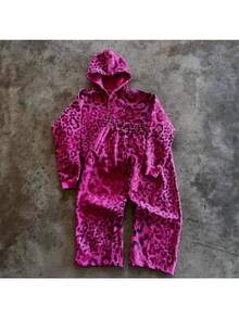 Winter Leopard Print Hoodie Set: Oversized Streetwear Sweatshirt & Wide-Leg Joggers, Hip-Hop Essential - Quần màu đỏ hồng - Xem 2