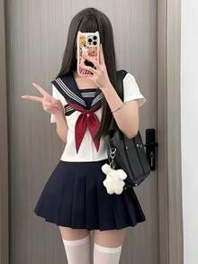 Cosplay Clothing - 紺色三本短袖+短裙+紺金魚結 - 查看 5