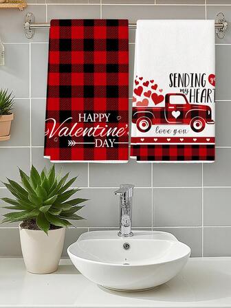 2Pcs Microfiber Kitchen Towels Valentine's Day Rustic Truck Heart Red Black Plaid Pattern Tea Towels For Valentine Dinner & Table Decor