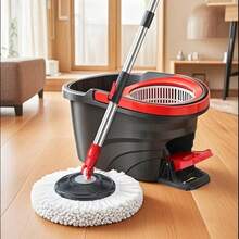 Foot Pedal Rotating Mop - Hands-Free Dual Drive Telescopic Rod 360° Rotating Mop Bucket Set - Suitable For Home, Kitchen, Bathroom And Office Cleaning - Comes With 3 Super Microfiber Mop Pads And Large Area Cleaning Function - Black and Red - View 1