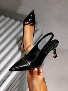 女士尖头套脚高跟鞋，低鞋面独特设计，PU皮革搭扣，适合办公室通勤，四季皆宜 - 黑色 - 查看 1