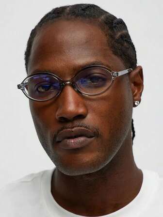 1 par herrglasögon utan recept, transparenta grå ovala PC-bågar, vintage enfärgade, små bågar, personliga, enkla, moderna, stilrena glasögon