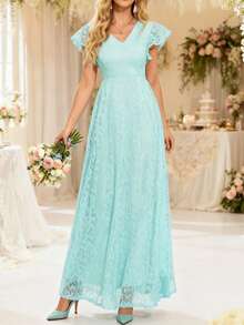 Women's Wedding Bridesmaid Dress, Elegant Lace Short Sleeved Party Dress, Party Cocktail Celebration Dress - Mint Blue - View 3