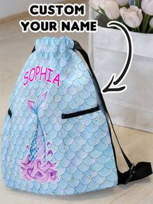 1pc Customized Name & Cartoon Mermaid Tail Pattern Drawstring Backpack With Pockets, Personalized Back To School Gift, Suitable For Children & Teenagers
