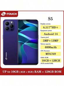 K-TOUCH S5 10GB（4GB+6GB 扩展内存）+ 128GB 4G LTE，全球版，Android 14 智能手机，6.517 英寸高清+显示屏，4000mAh 电池，1300 万像素摄像头，八核处理器。送给挚爱的完美礼物。 - 藍色 - 查看 1