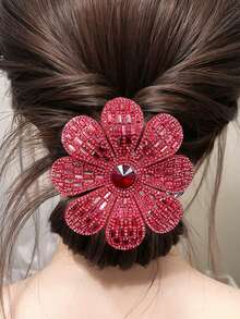 1pc Rhinestone Oversized Flower Hair Clip, Elegant Bun Hairstyle Accessory For Women, Claw Clips, Hair Slide, Hair Barrettes