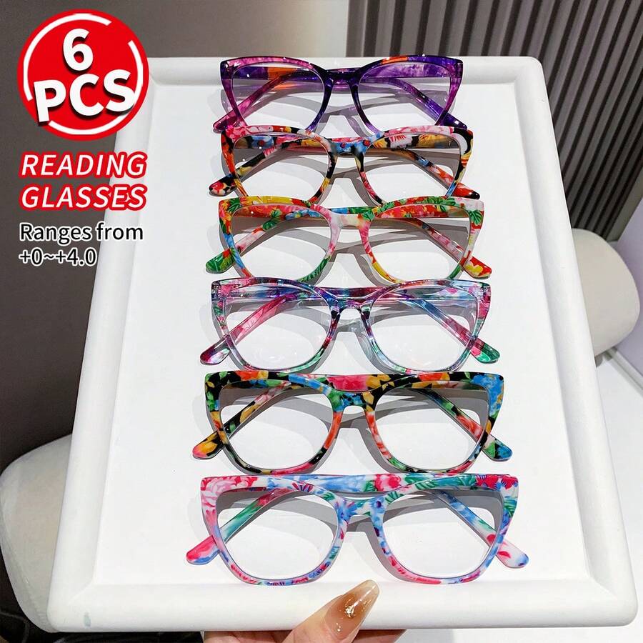6 Pairs Fashion Cat-Eye Reading Glasses For Women, Multi-Color Combination Set, Large Frame / Various Prints, Prescription Range +0~+4.0, Suitable For Mild Vision Assistance As Well As Meeting The Needs Of Severe Presbyopia, Clear Vision When Reading Newspapers, Books And Using Mobile Phones, Easy And Stress-Free. - Nhiều màu - Xem 1