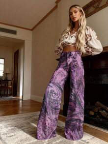 3D Women's Imitation Jeans Purple Swirl Abstract Pattern Print Design Autumn And Winter Cowboy, Lady, Stretch, Casual, Bell-Bottom, Fashion, Print, High-Waist, Long Pants, Comfort, , Floral, Design, Style, Loose, Washed, Straight-Leg, Street, - 彩色 - 查看 2