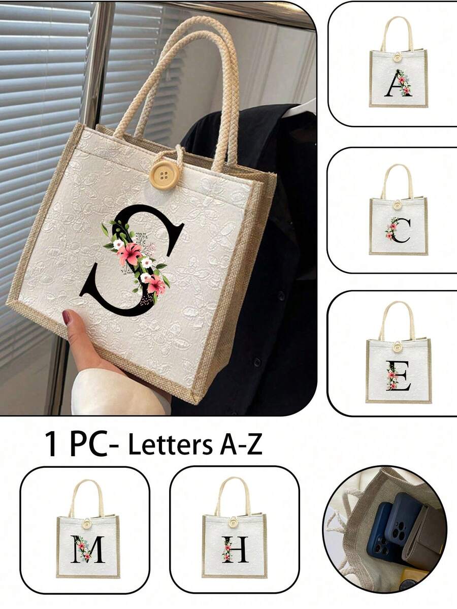 1个花卉字母A-Z印花手提袋,多功能便携教师手提袋,女士礼物,毕业礼物,字母图案礼品袋,大容量女士字母印花手提袋,可重复使用购物袋,适合日常使用、度假、通勤、旅行 - 彩色 - 查看 1