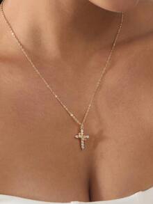 1pc 18K Gold Plated Stainless Steel Women's Delicate Crown Cross Necklace, Inlaid With Cubic Zirconia, Titanium Steel Choker, Love Gift, Religious Jewelry, Valentine's Day Gift For Her - Multicolor - View 9