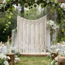 1pc Macrame Wall Hanging, Boho Style Wall Decor Tapestry, Handmade Macrame Valance Fringe Curtain, Wedding Backdrop, Headboard Decor - Beige - View 10