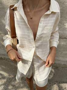 女士杏色格子长袖防晒衬衫，适合海滩、度假、日常穿着、约会、派对等场合。 - 杏色 - 查看 6