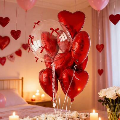 20pcs/Set Elastic Balls & Red Heart Balloons Set, Includes 9pcs Transparent Elastic Balls, 9pcs Red Heart Foil Balloons, 8pcs Red Bows, Suitable For Wedding, Birthday, Valentine's Day, Singles Party, Wedding Decoration