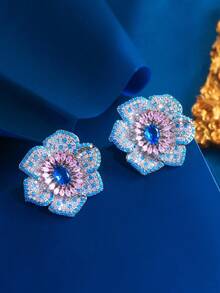 一对蓝绿色和粉色立方氧化锆大花朵造型耳环，女士奢华大胆订婚婚礼宴会珠宝 - 綠松石色 - 查看 5