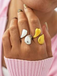 2pcs/1pc Minimalist Gold Stainless Steel Rings, Metallic Texture, Geometric Design Rings For Women, Suitable For Daily Wear - Multicolor - View 2