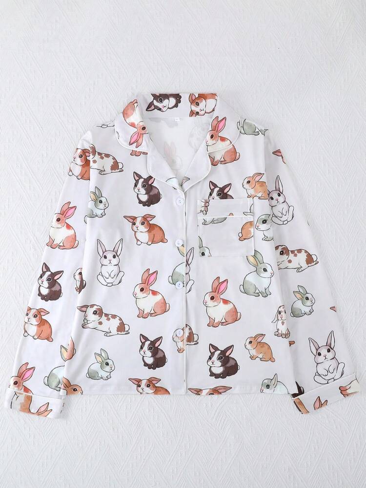 [Livanti Pajamas]2pcs Women Pajama Set, Lapel Button Long Sleeve Top And Elastic Waist Loose Pants, Suitable For All Seasons, Comfortable And Loose Fit, New Cartoon Rabbit Allover Print - Light Grey - View 8