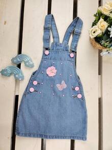 Charming Casual Blue Denim Overalls For Girls With Flower And Butterfly Appliqué - 淺色水洗藍 - 查看 5