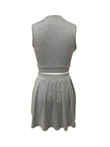 European & American Style Sleeveless Round Neck Decorated Button Blouse And Shorts Commuting Sexy 2-Piece Set - Grey - View 2