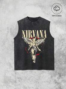 Men's Printed Vintage Washed Vest, Loose Fit, Casual Street Style, A Must-Have For The Gym. - 黑色 - 查看 1