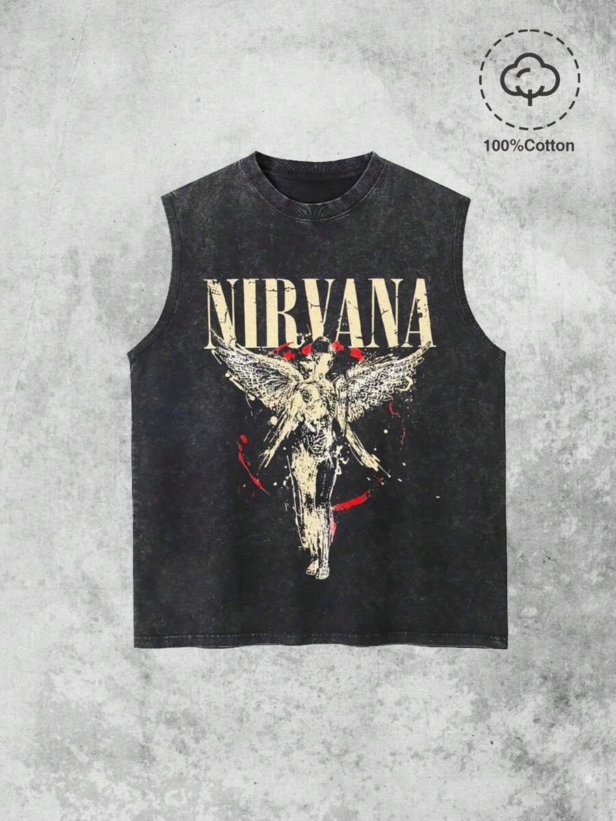 Men's Printed Vintage Washed Vest, Loose Fit, Casual Street Style, A Must-Have For The Gym. - 黑色 - 查看 1