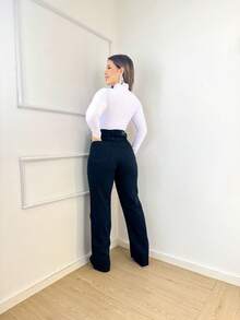 Calça Wide leg   Casual    Jeans    Zíper  Bolso  Botão    Escritório  Férias - Preto - Visão 3