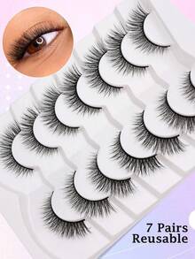 7对猫眼仿貂毛假睫毛，卷翘上扬，自然逼真，凌乱发尾，纤长浓密，柔软舒适，条状假睫毛 - 黑色 - 查看 6