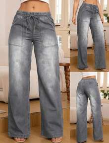 Women's Elastic Waist Loose Fashion Casual Denim Straight Jeans With Medium Stretch, Mid-Rise Design, With Pockets, Dark Blue, Featuring Drawstring Waist, Suitable For All-Season Wear, All-Season Jeans,Y2k Clothes,Holiday Outfits For Women,New Years Outfit Women,Womens Jeans,Ropa De Mujer,Christmas Outfit Women,Western Outfits For Women,Birthday Outfits For Women,Country Concert Outfit,Club Outfits For Women - Xám - Xem 2