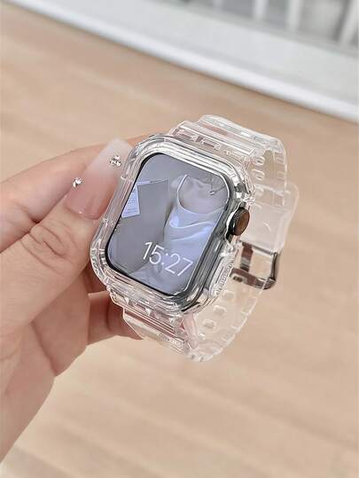 1 Set Correa y caja de reloj de mujer de PC plástico transparente compatible con IWatch de 38mm, 40mm, 41mm, 42mm, 44mm, 45mm, 46mm, 49mm, Correa de reloj de moda compatible con Apple Watch Series 11 SE3 10 9 8 7 6 5 4 3 2 1 Ultra3/2/1, Accesorios de reloj inteligente compatibles con , Compatible con Apple Watch, Correas de reloj para smartwatch, Adecuado para ocio casual, Gran regalo para regalos de cumpleaños de amigas